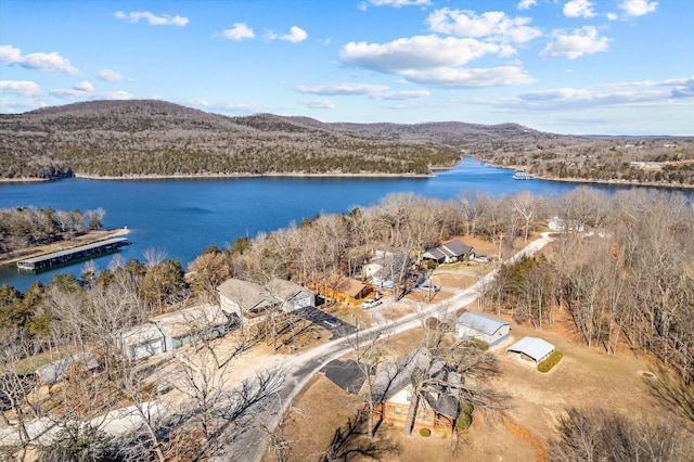 bird's eye view featuring a water and mountain view