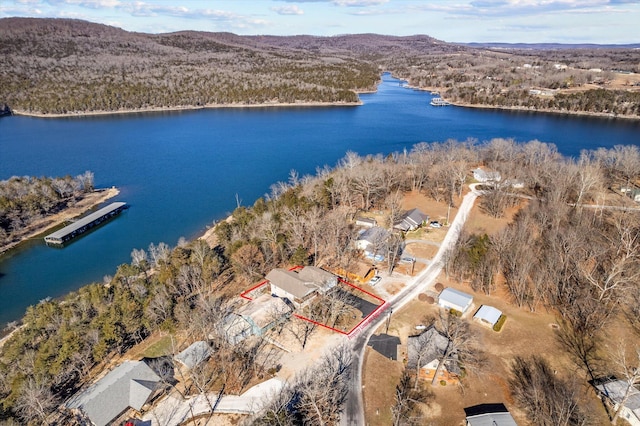 bird's eye view featuring a water and mountain view