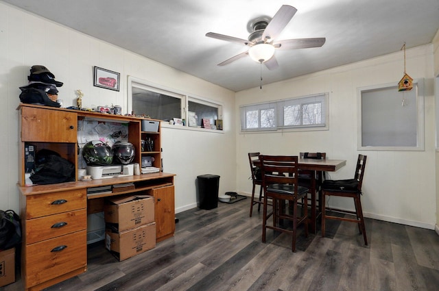 dining area with ceiling fan and dark wood-type flooring