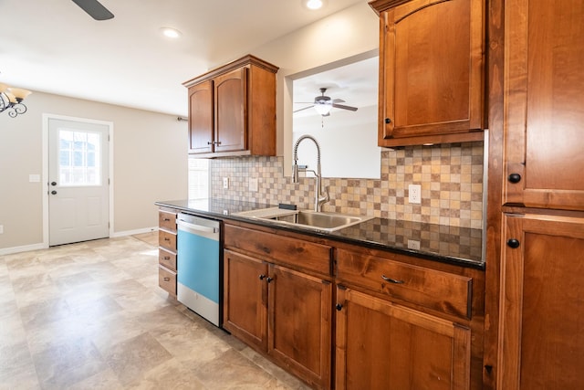 kitchen with sink, dishwasher, ceiling fan, dark stone countertops, and decorative backsplash