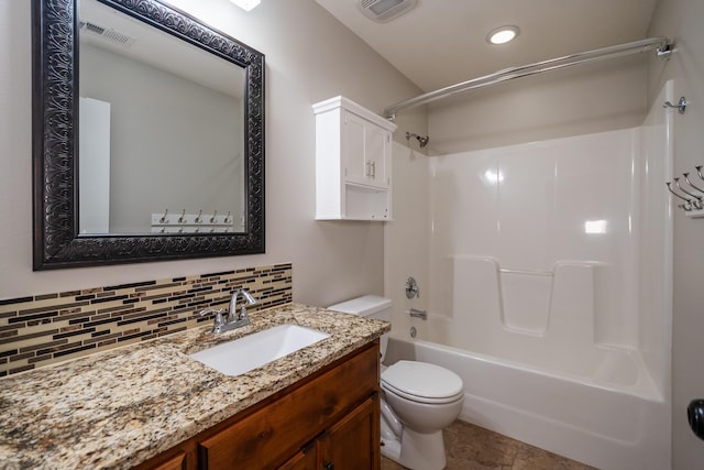 full bathroom with  shower combination, toilet, decorative backsplash, and vanity