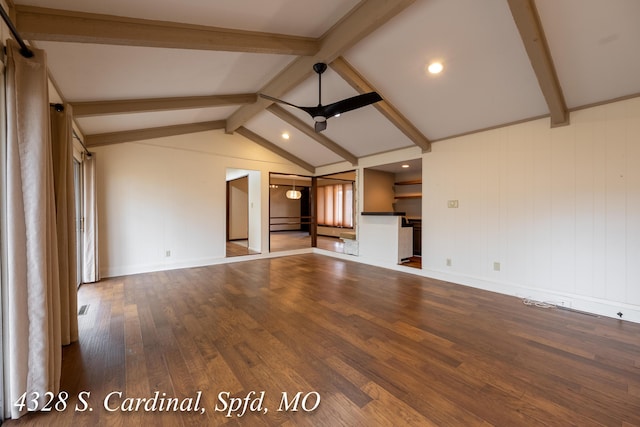 unfurnished living room with wood-type flooring, lofted ceiling with beams, and ceiling fan