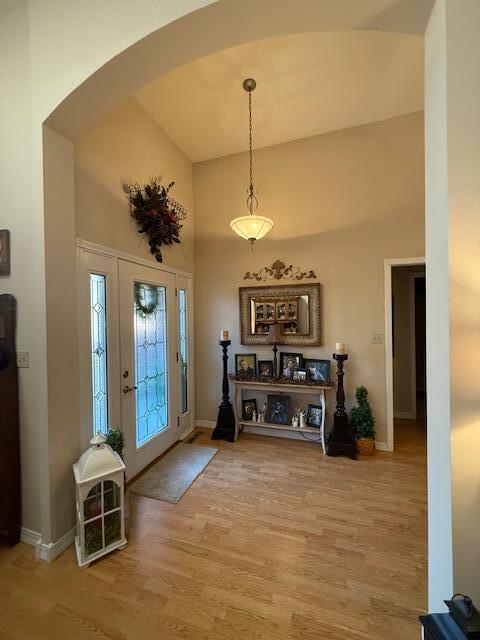 foyer with hardwood / wood-style flooring and a towering ceiling