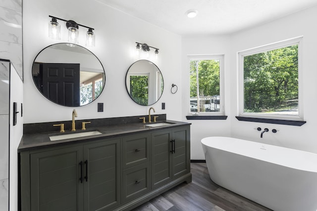 bathroom featuring a bath, hardwood / wood-style floors, and vanity