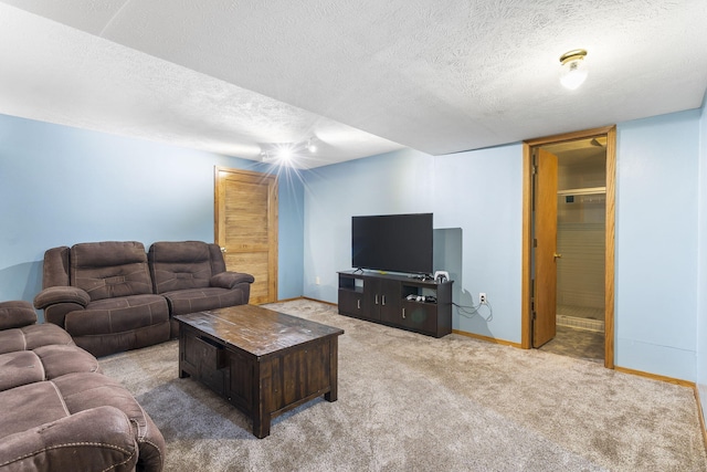 living room featuring a textured ceiling and light carpet