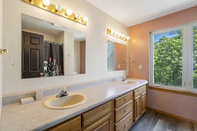 bathroom with vanity, a wealth of natural light, and wood-type flooring