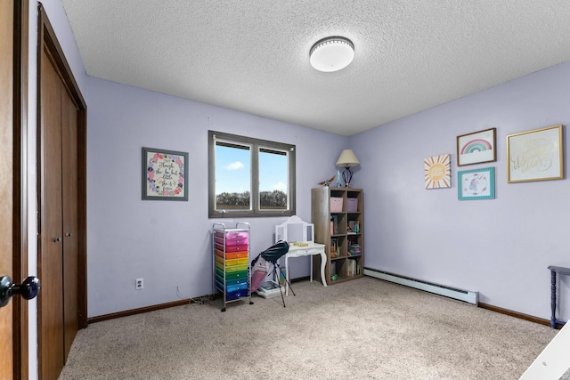 interior space with a closet, a baseboard radiator, and a textured ceiling