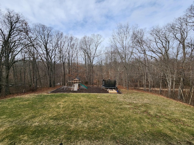 view of yard featuring a playground and a trampoline