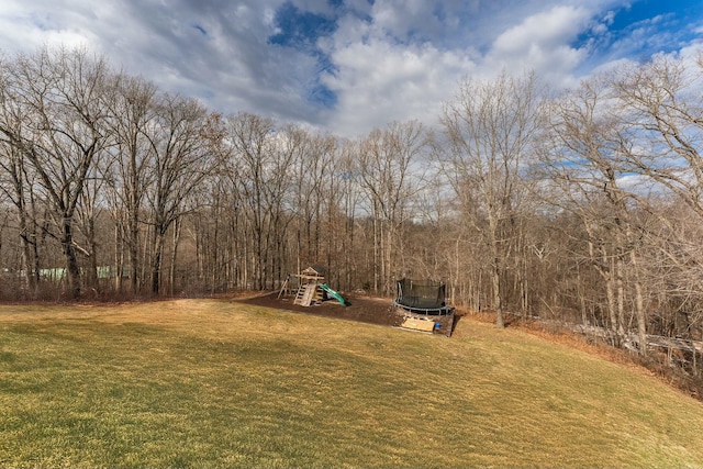 view of yard featuring a playground and a trampoline