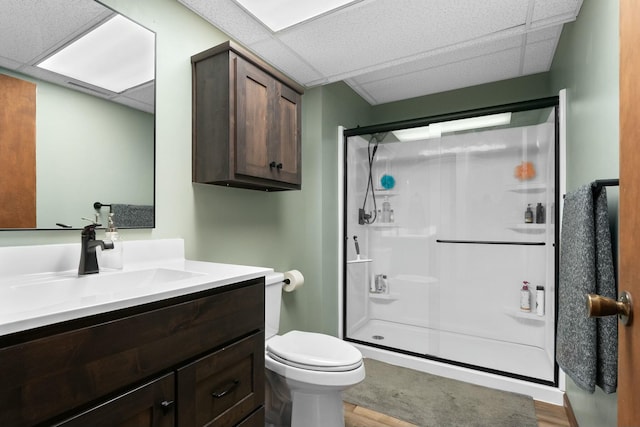 bathroom featuring a shower with door, a paneled ceiling, and vanity