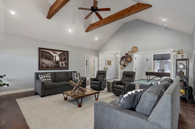 living room with high vaulted ceiling, ceiling fan, hardwood / wood-style floors, and beamed ceiling