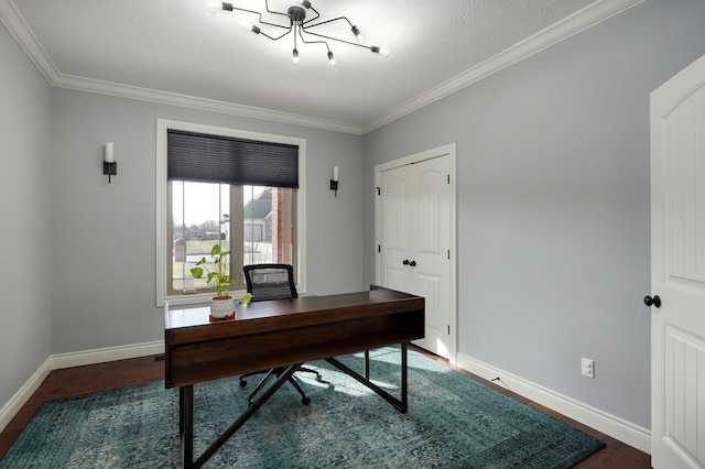 office area featuring crown molding and dark hardwood / wood-style floors