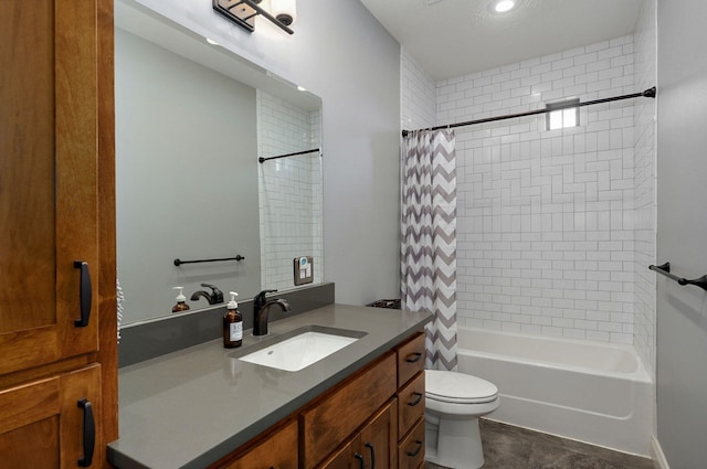 full bathroom featuring toilet, shower / bath combination with curtain, and vanity