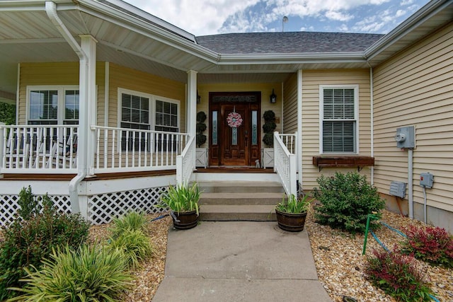 view of exterior entry featuring a porch