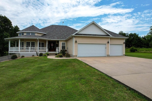 view of front facade featuring a garage, covered porch, and a front lawn