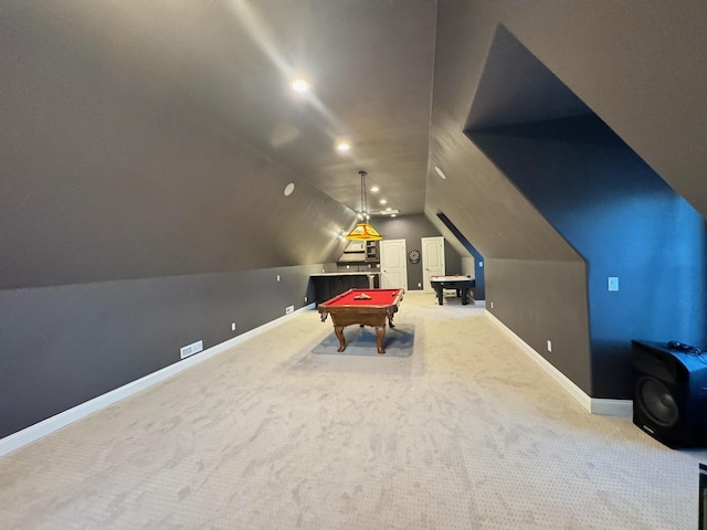 recreation room featuring carpet floors, billiards, and vaulted ceiling