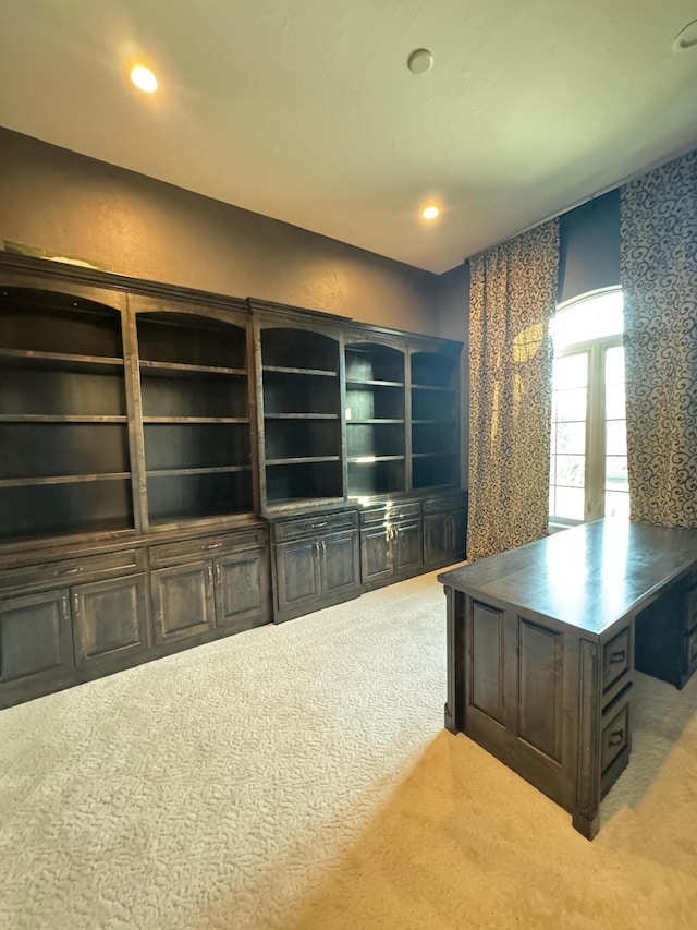 office area featuring light colored carpet