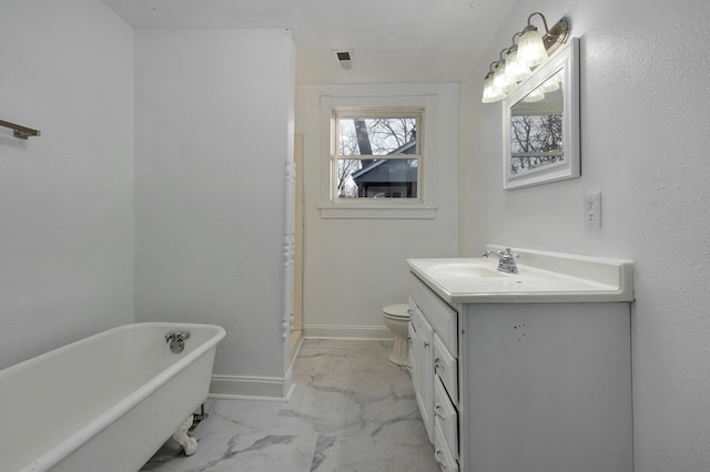 bathroom with a washtub, toilet, and vanity