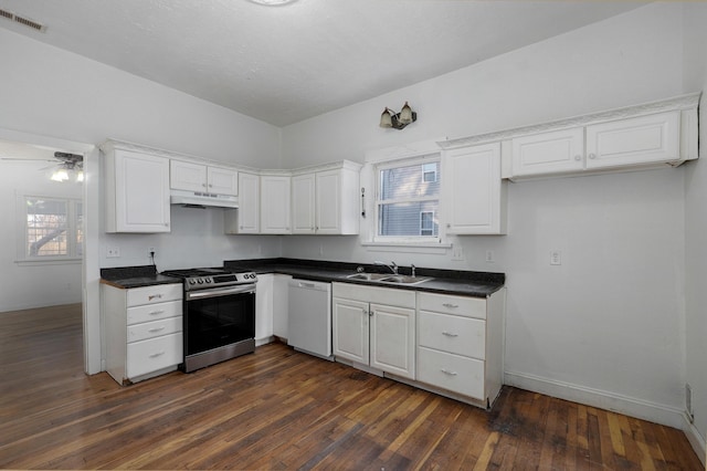 kitchen with sink, white cabinetry, gas stove, and white dishwasher