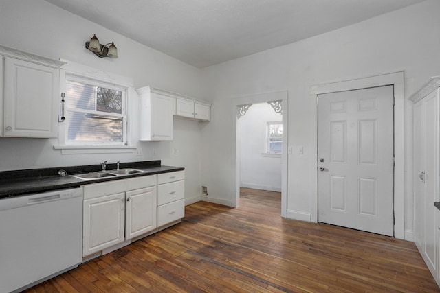 kitchen with dark wood-type flooring, sink, white cabinetry, and dishwasher