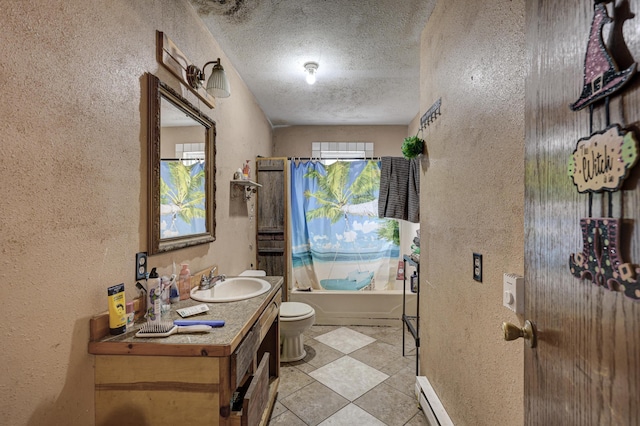 full bathroom with a textured ceiling, a baseboard heating unit, vanity, toilet, and shower / tub combo with curtain