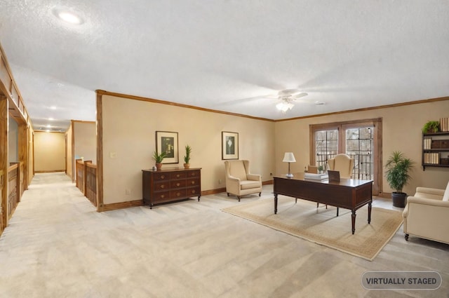 office area with ceiling fan, ornamental molding, light carpet, and a textured ceiling