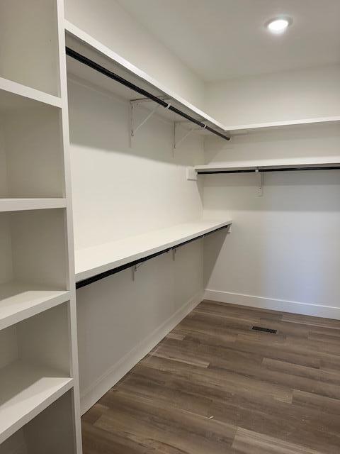 spacious closet featuring dark hardwood / wood-style flooring