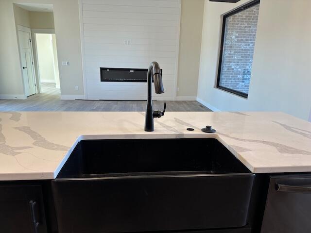 interior details featuring sink, light hardwood / wood-style floors, and stainless steel dishwasher