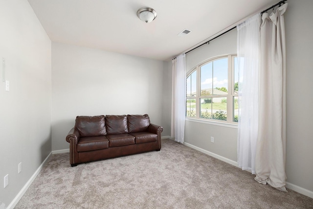 living area featuring light carpet