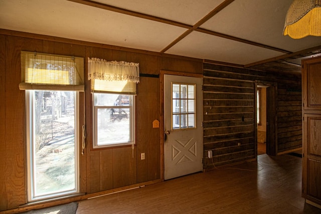 entryway with wooden walls and dark wood-type flooring