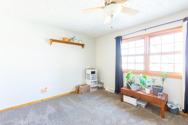 misc room with a ceiling fan, baseboards, visible vents, a textured ceiling, and carpet flooring