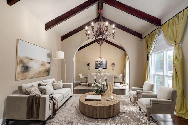 interior space with wood-type flooring, high vaulted ceiling, a notable chandelier, and beam ceiling