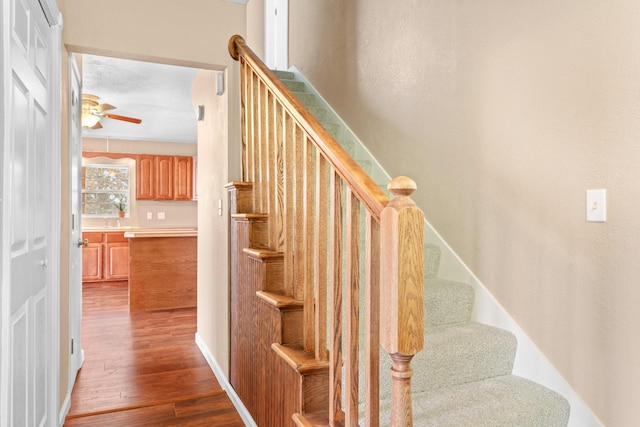 staircase with hardwood / wood-style floors and ceiling fan