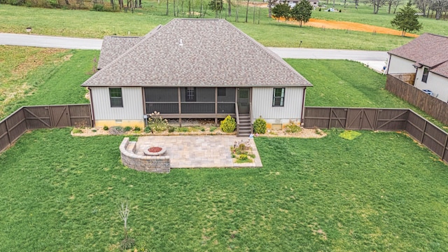 2320 Aid Hodgson Ln, West Plains, MO 65775 - rear view of house featuring a sunroom, a gate, a fenced backyard, crawl space, and a fire pit