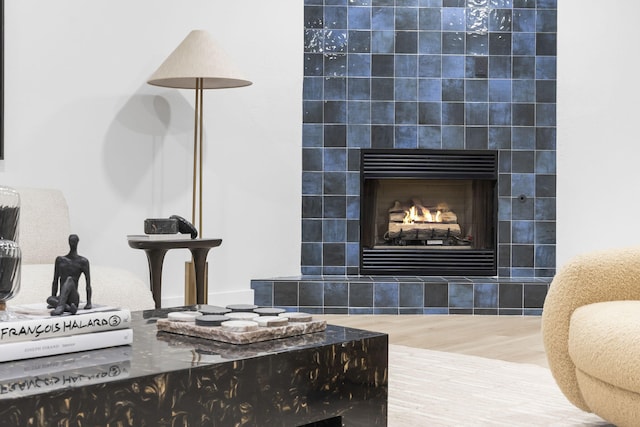 details featuring a tile fireplace