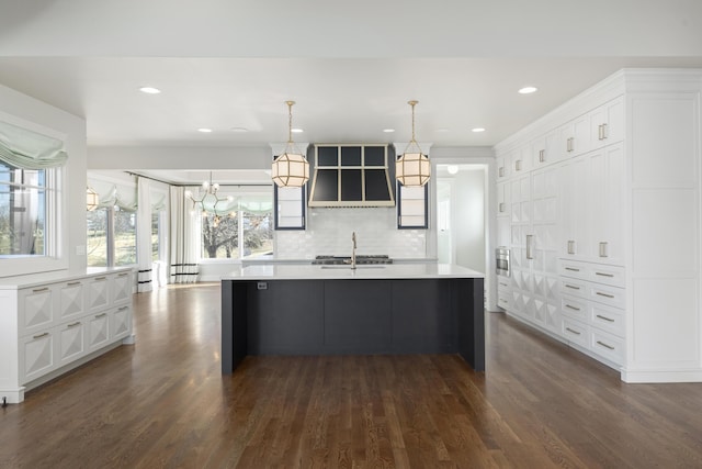 kitchen with dark hardwood / wood-style flooring, tasteful backsplash, a large island with sink, and white cabinets