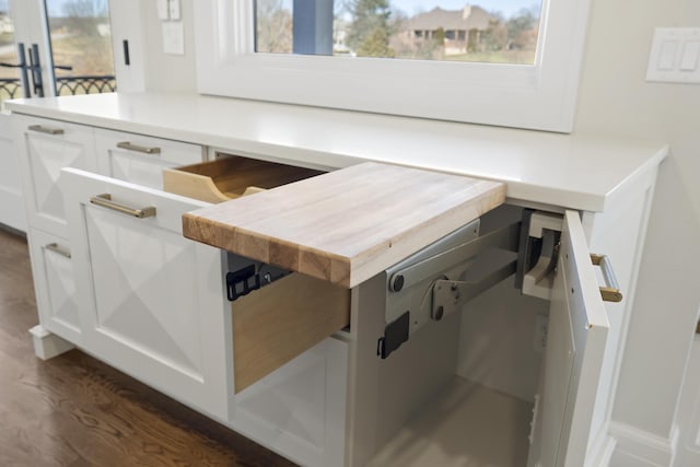 room details with dark hardwood / wood-style flooring and white cabinets