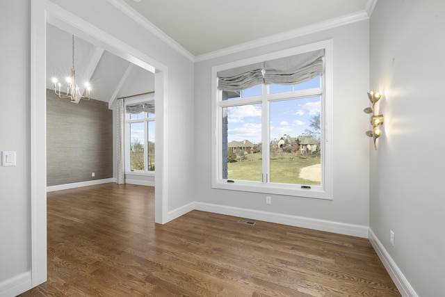 unfurnished room featuring a notable chandelier, crown molding, vaulted ceiling with beams, and dark hardwood / wood-style floors