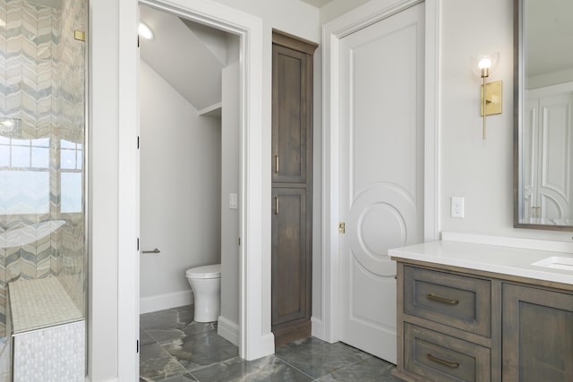 bathroom with vanity, tiled shower, and toilet