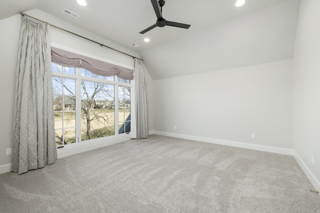 bonus room with lofted ceiling, carpet floors, and ceiling fan