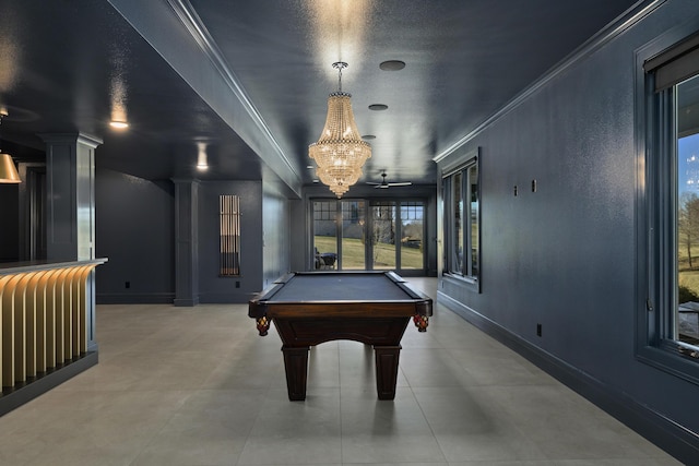 recreation room with ornate columns, crown molding, pool table, and a chandelier