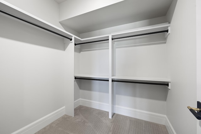 walk in closet featuring light colored carpet