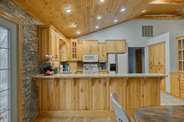 kitchen with light brown cabinetry, backsplash, wood ceiling, kitchen peninsula, and white appliances