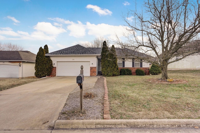 ranch-style house with a garage and a front lawn