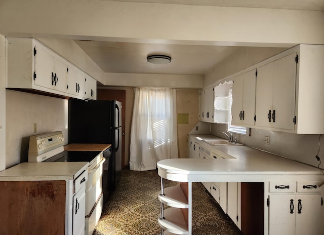 kitchen with white cabinetry, sink, white electric stove, and kitchen peninsula