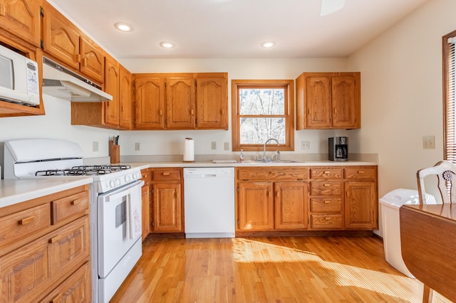 kitchen featuring sink, white appliances, and light wood-type flooring