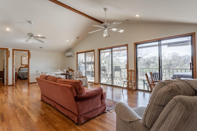 living room with light wood-type flooring, ceiling fan, vaulted ceiling, and an AC wall unit