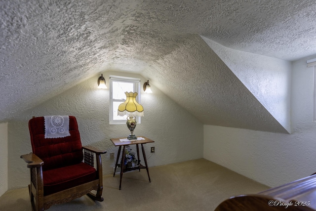 living area featuring vaulted ceiling, a textured ceiling, and carpet