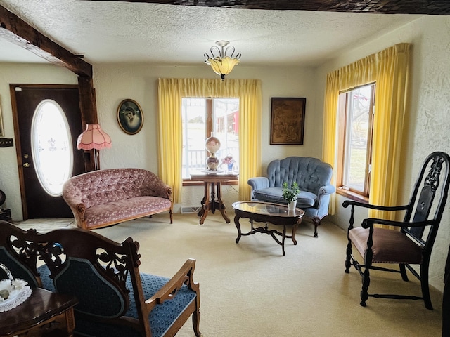 living area with carpet floors and a textured ceiling