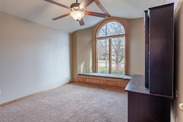 interior space with vaulted ceiling, ceiling fan, carpet floors, and a textured ceiling